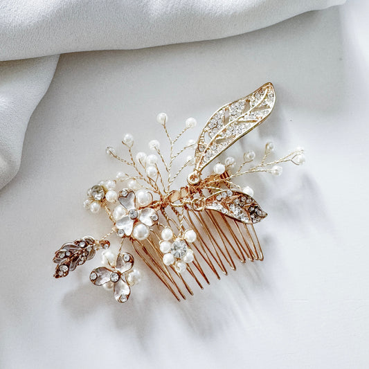 Gold Metal Rhinestone Crystal Leaf and Scatter Pearl Comb