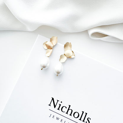 Gold Folded Flower Earrings with Chunky Teardrop