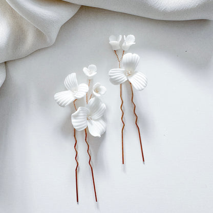 Porcelain Floral Spray Gold Pins x 2