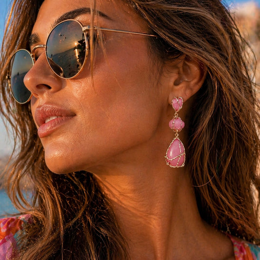 Gold Drip Bright Pink Crystal Drop Earrings – Statement Party, Bridal & Summer Jewellery