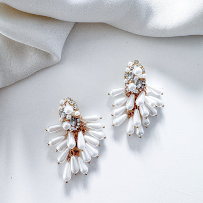 Pearl Tassel Dangle Statement Earrings with Oval Sparkle and Pearl Top Detail