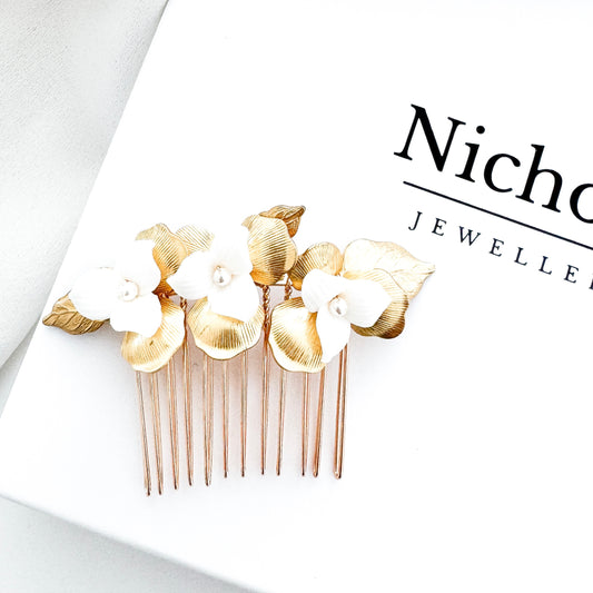 Aurelia Gold and Porcelain Flower Wedding Bridal Comb