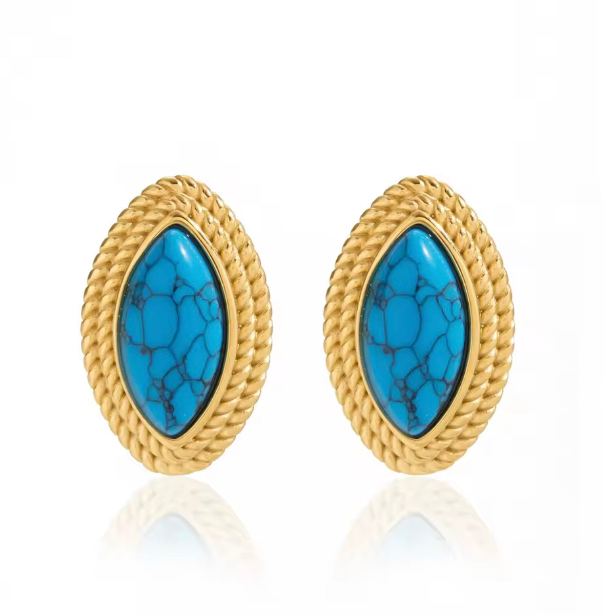 Oval Diamond Shape Blue Stone 18k Gold Earrings