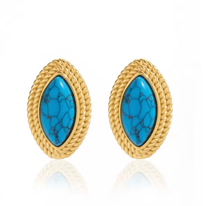 Oval Diamond Shape Blue Stone 18k Gold Earrings
