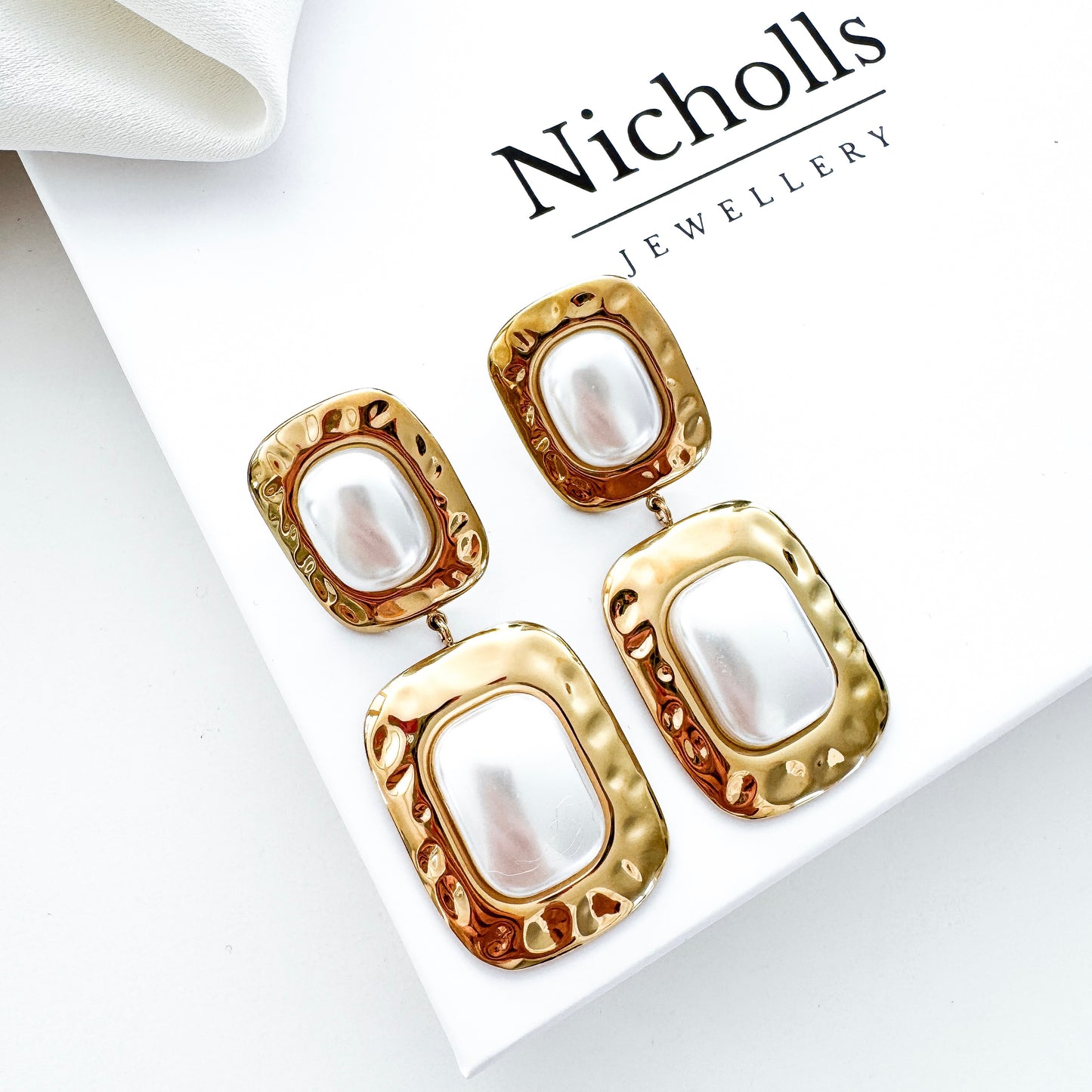 Gold Rectangle Pearl Earrings – Waterproof Everyday & Bridal Statement Earrings
