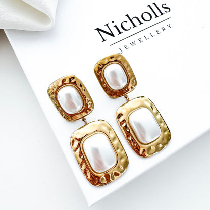 Gold Rectangle Pearl Earrings – Waterproof Everyday & Bridal Statement Earrings