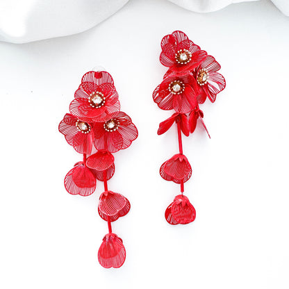 Red Flower Statement Earrings- Lightweight Waterfall Design