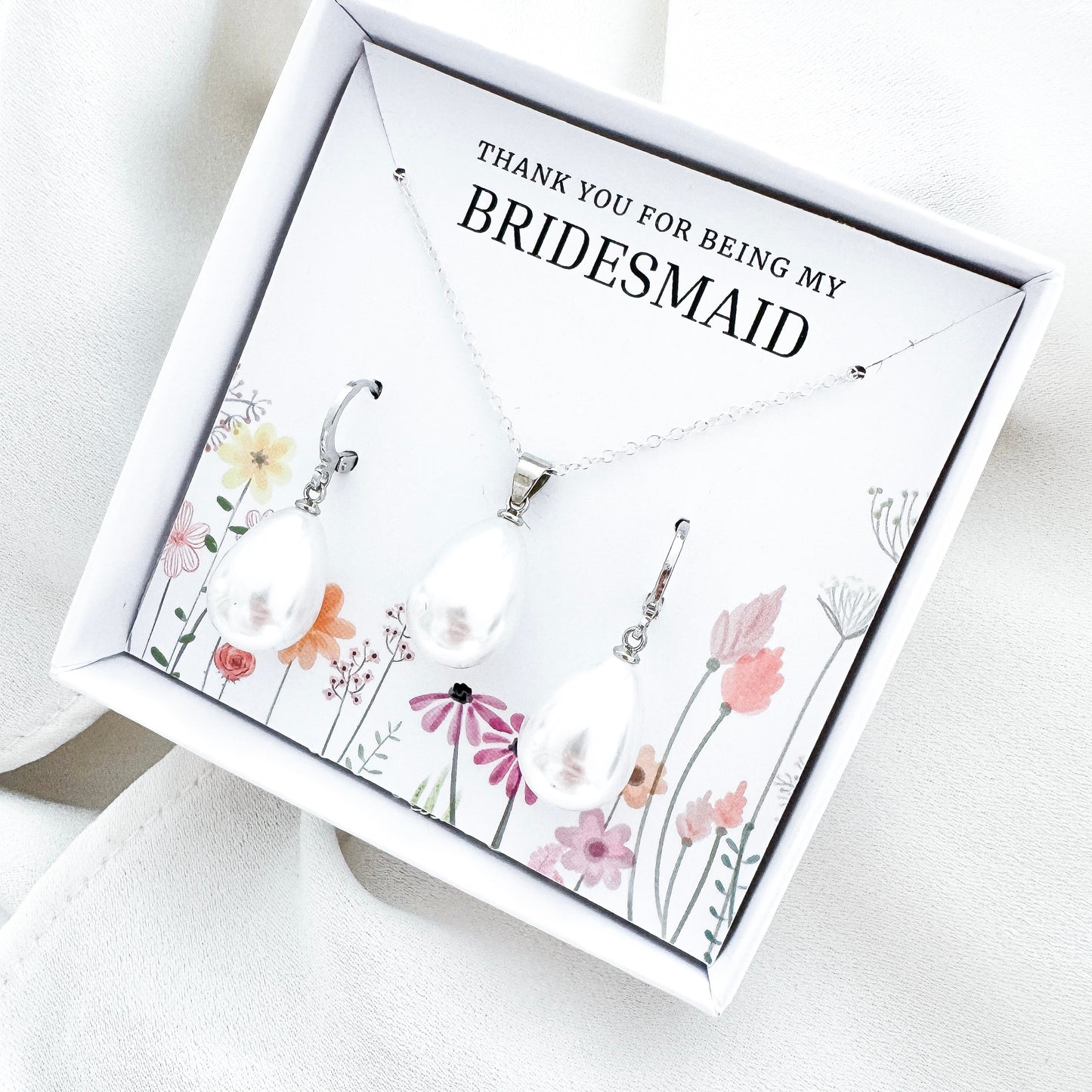 Bridesmaid Pearl Teardrop Huggie Jewellery Gift Set – Sterling Silver Pearl Necklace & Earrings