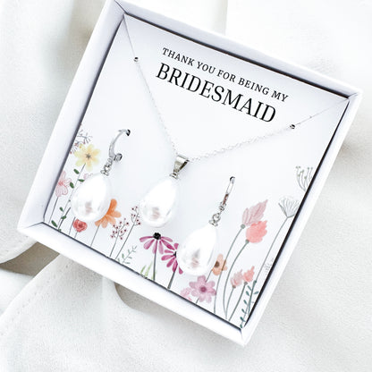 Bridesmaid Pearl Teardrop Huggie Jewellery Gift Set – Sterling Silver Pearl Necklace & Earrings