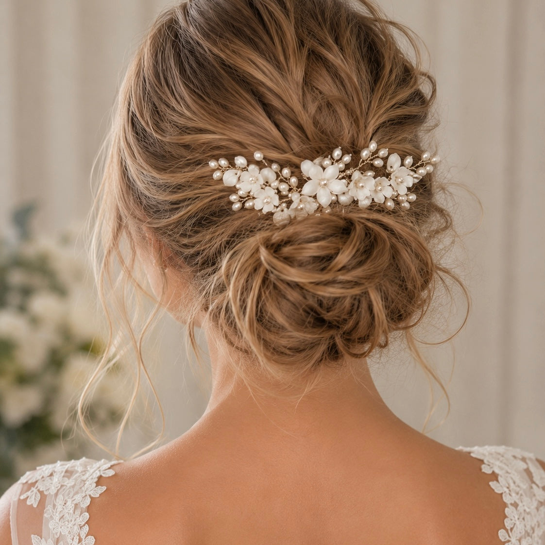 Porcelain White Flower and Freshwater Pearl Comb