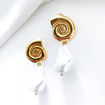 Gold Shell and Baroque Pearl Earrings