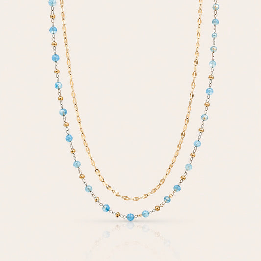 Double Layer Blue Bead Necklace | Waterproof 18k Gold Plated Necklace