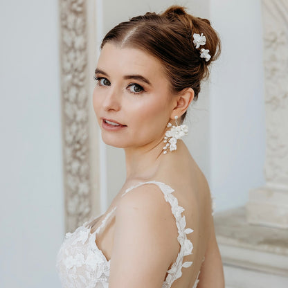 Porcelain Flower and Pearl Spray Drop Earrings