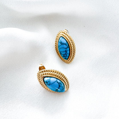 Oval Diamond Shape Blue Stone 18k Gold Earrings