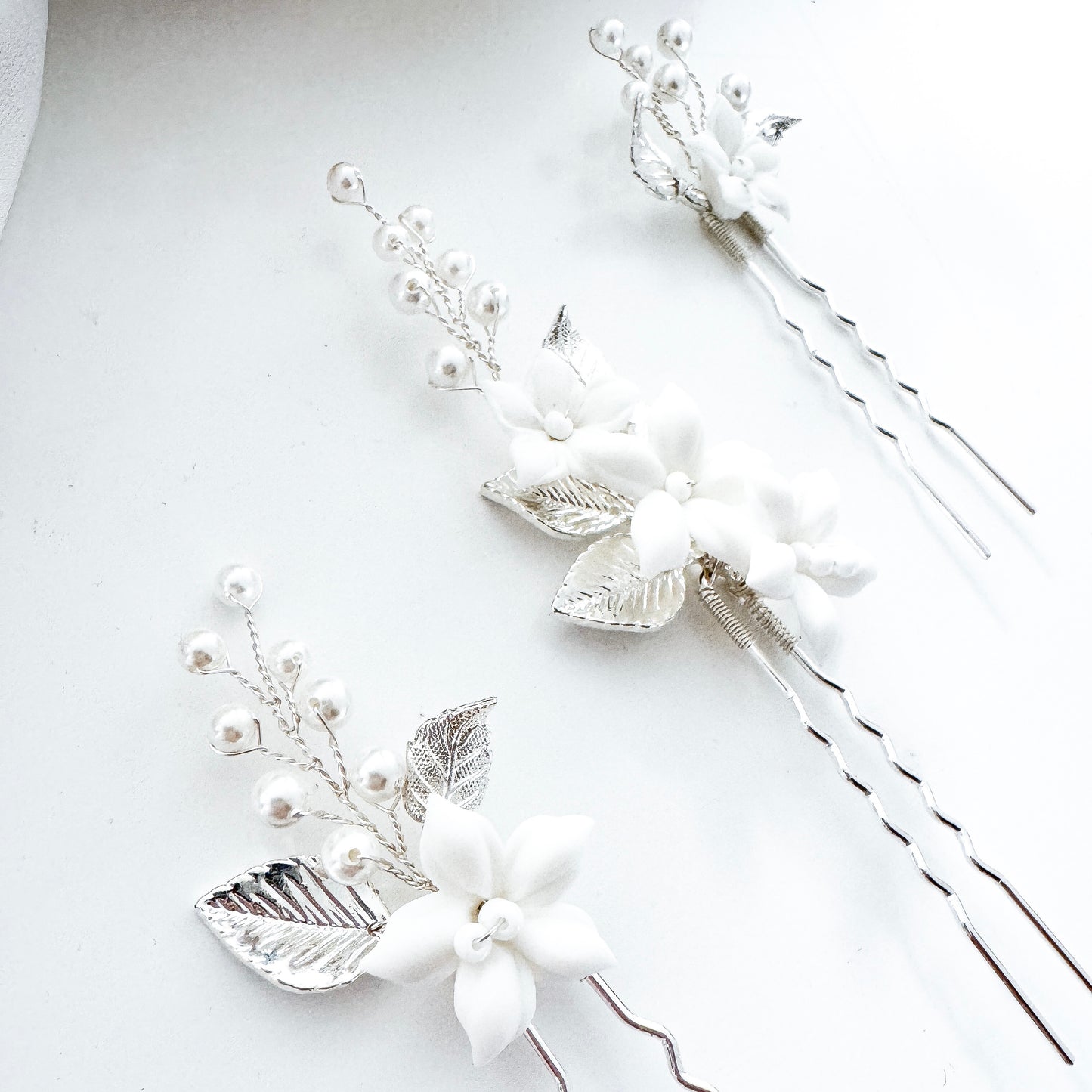 Bridal Porcelain Flower Hair Pins with Pearls – Elegant Wedding Hair Accessories (Set of 3)