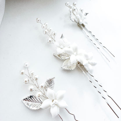 Bridal Porcelain Flower Hair Pins with Pearls – Elegant Wedding Hair Accessories (Set of 3)