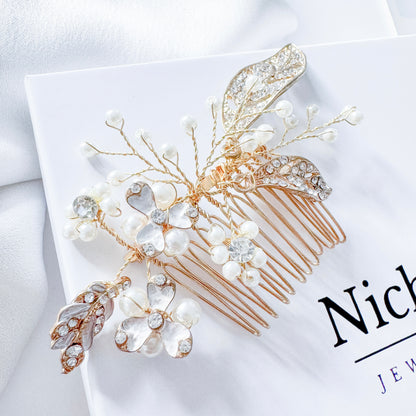 Gold Metal Rhinestone Crystal Leaf and Scatter Pearl Comb
