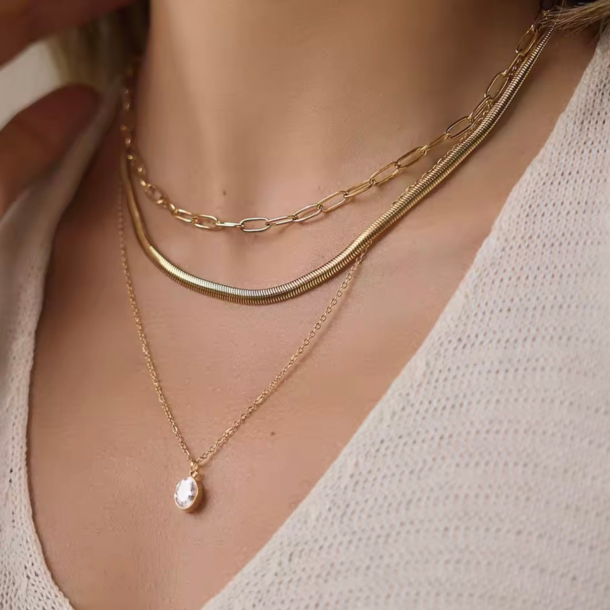 Triple Layer Waterproof Gold Necklace Snake Bone, Paper Chain and Zircon Crystal | 18k Gold PVD Stainless Steel