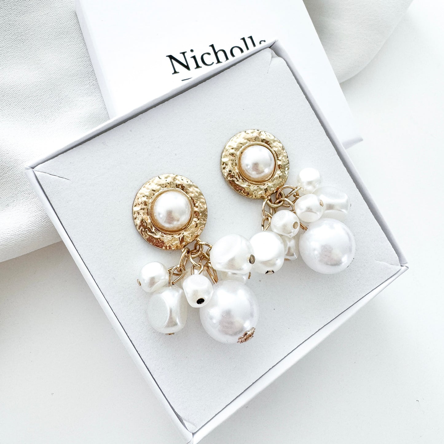 Gold and Pearl Cluster Drop Modern Grecian Earrings