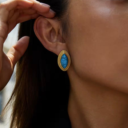 Oval Diamond Shape Blue Stone 18k Gold Earrings