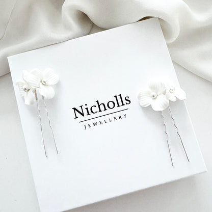 Delicate Porcelain Flower & Pearl Stud Earrings with matching Porcelain Flower Hair Pins