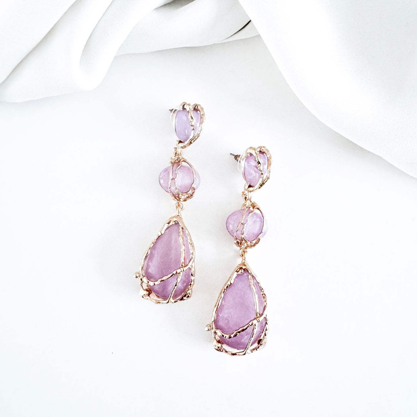 Gold Drip Light Purple Crystal Drop Earrings – Statement Party, Bridal & Summer Jewellery