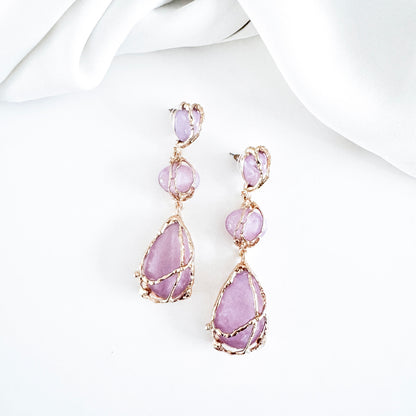 Gold Drip Light Purple Crystal Drop Earrings – Statement Party, Bridal & Summer Jewellery