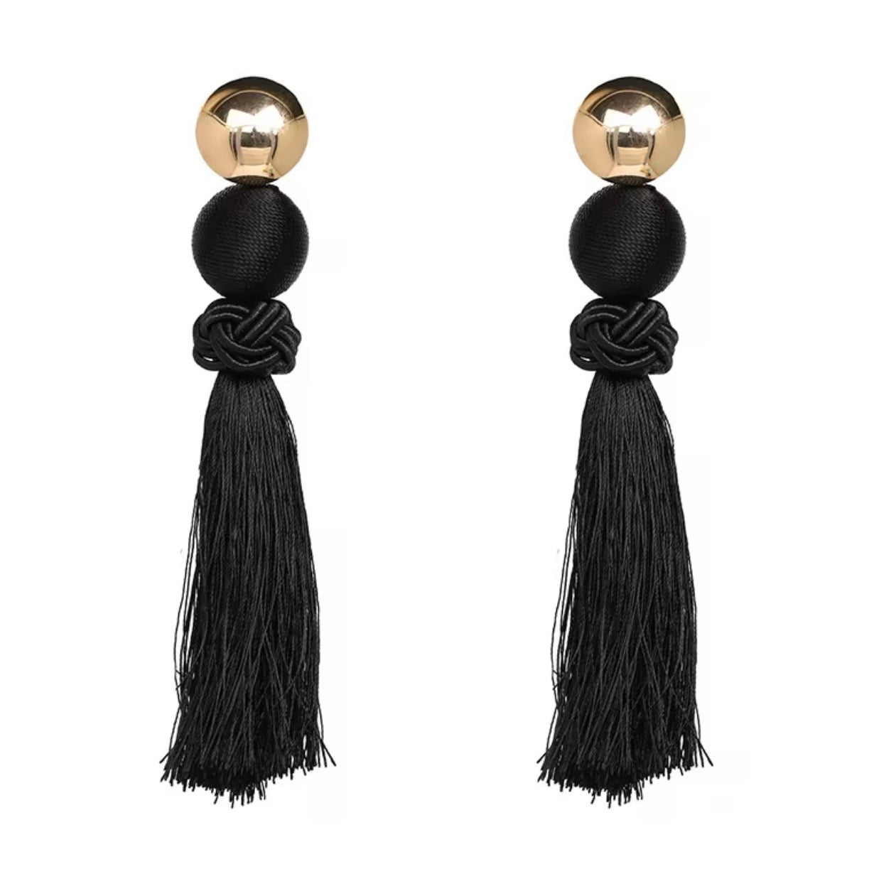 Large Black Tassel Statement Earrings – Gold & Black French Chic Evening Earrings