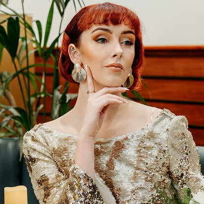 Gold Disc Fan and Pearl Earrings