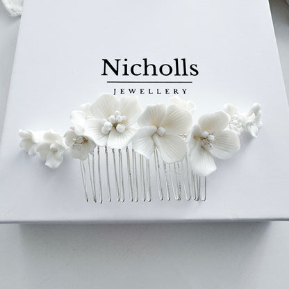 Marigold White Porcelain Flower Bridal Hair Comb Wedding Hair Accessory
