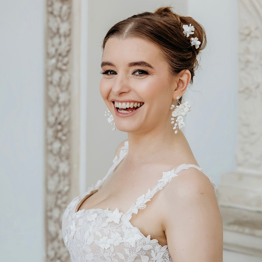 Porcelain Flower and Pearl Spray Drop Earrings