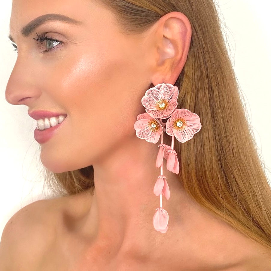 Waterfall Statement Pink Flower Earrings