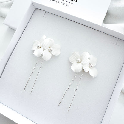 Delicate Porcelain Flower & Pearl Stud Earrings with matching Porcelain Flower Hair Pins