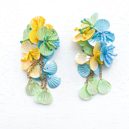 Flower Shell Green, Blue, Yellow Earrings