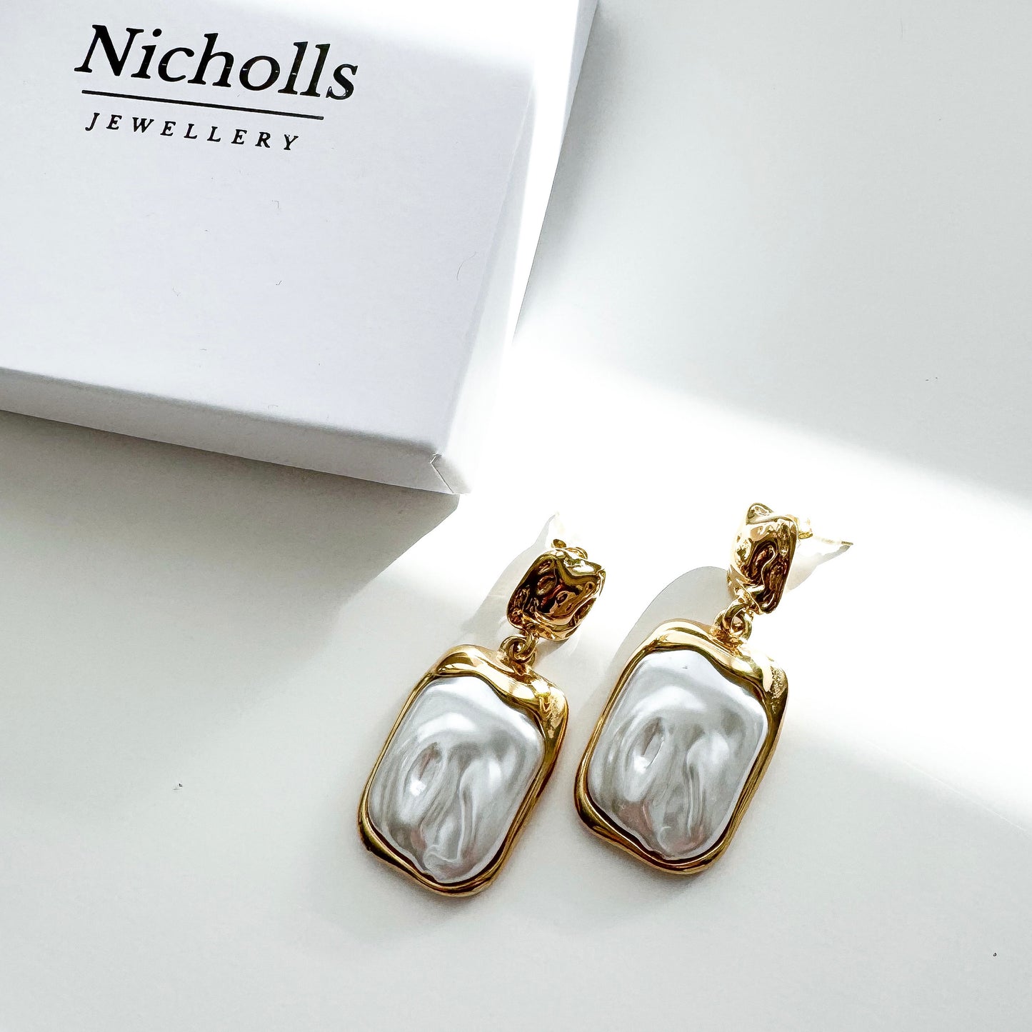 St Tropez Pearl and Gold Rectangle Earrings