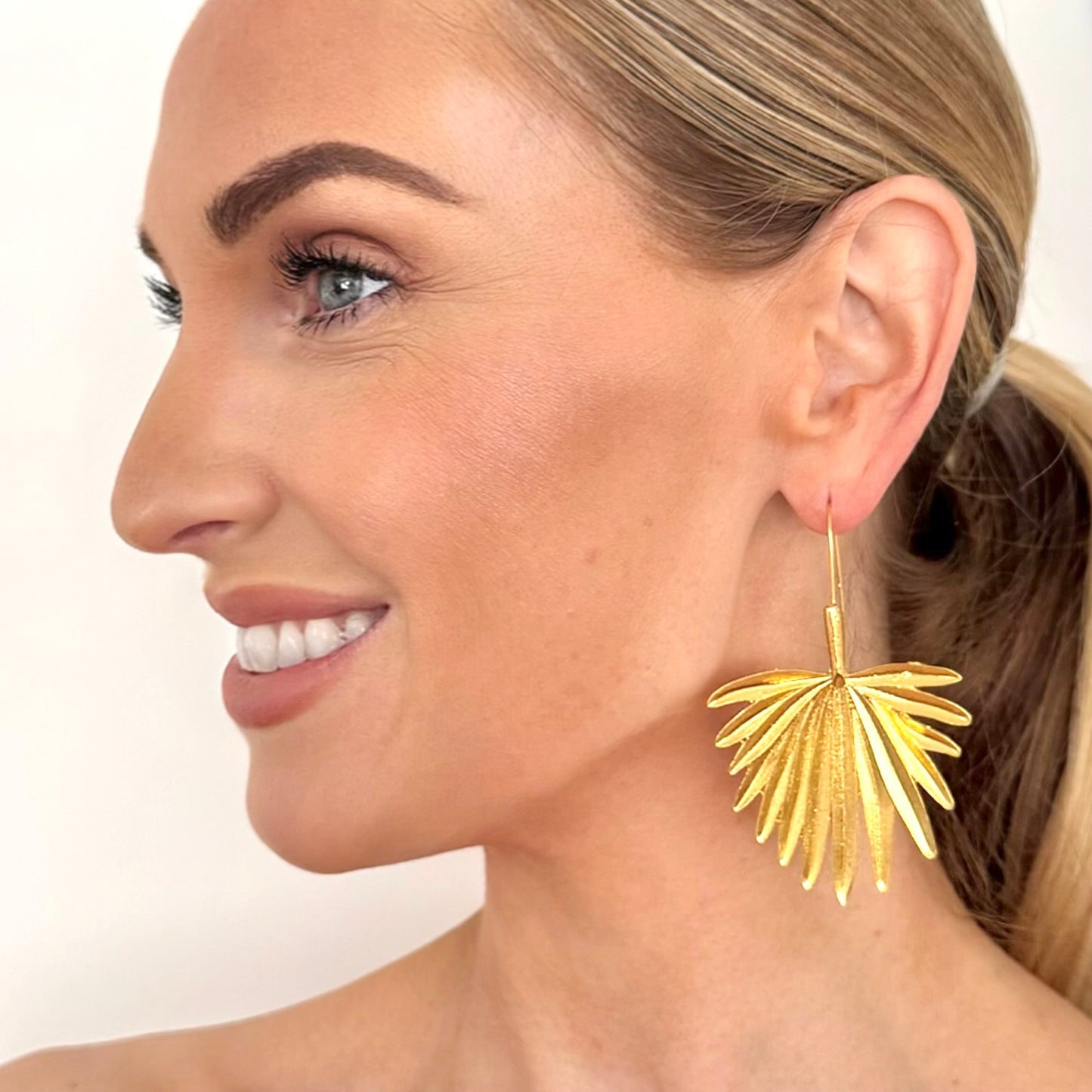 Bold Palm Tree Leaf Gold Earrings