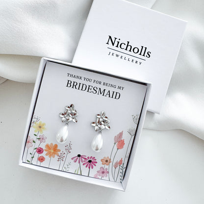 Silver Daisy & Pearl Bridesmaid Earrings | Thank You Bridesmaid Gift