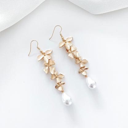 Delicate Gold Flower and Pearl Dangle Earrings