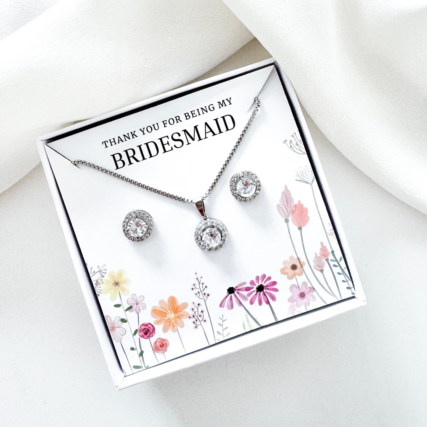 Bridesmaid Jewellery Gift Set – Round Cubic Zirconia Earrings & Necklace Thank You Gift Set