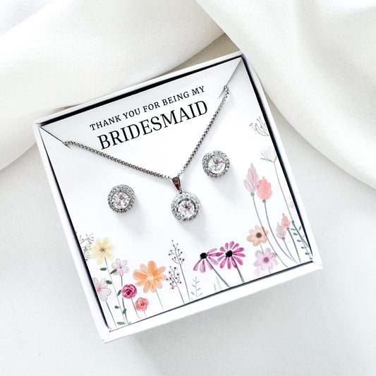 Bridesmaid Jewellery Gift Set – Round Cubic Zirconia Earrings & Necklace Thank You Gift Set