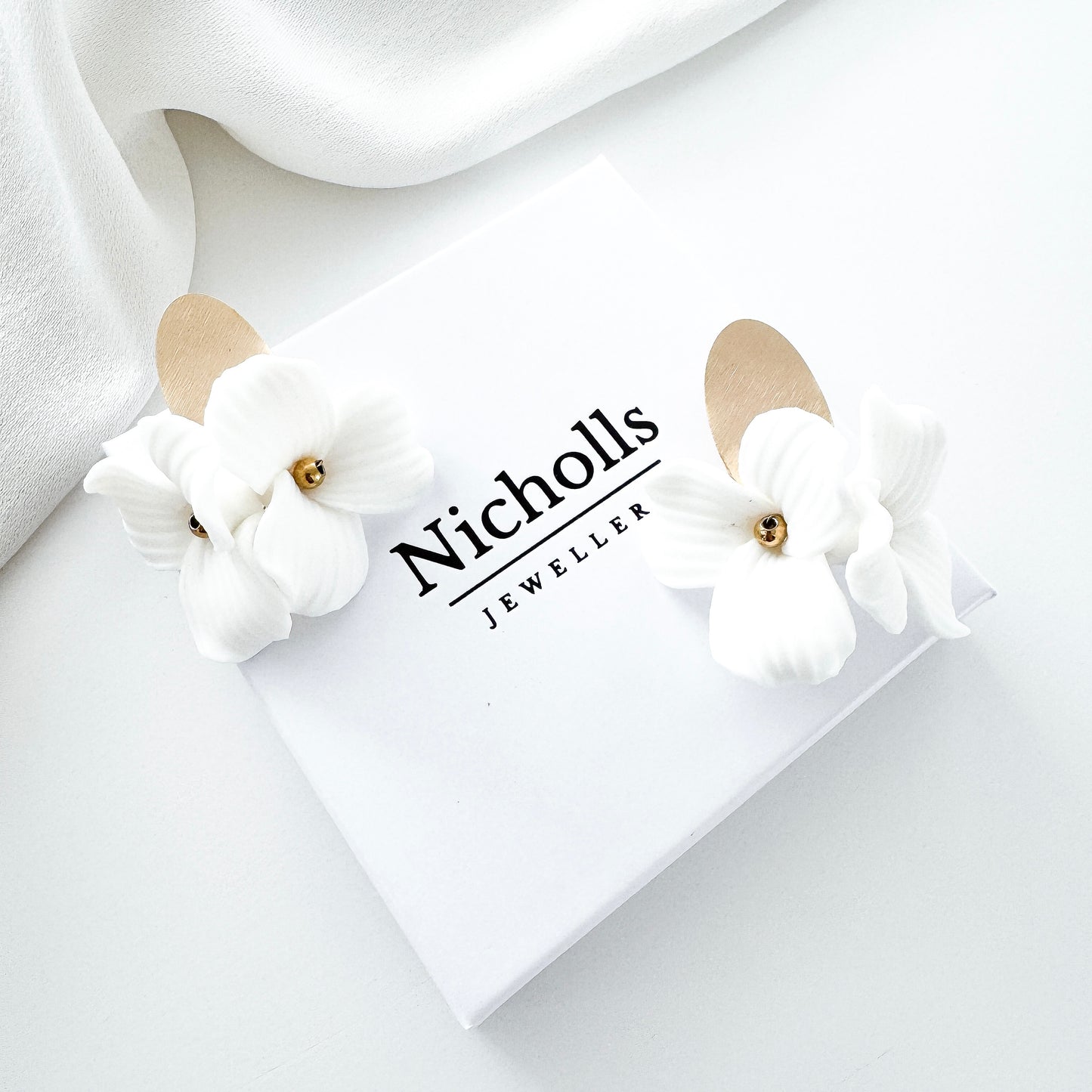 Dahlia Brushed Gold Oval Porcelain Flower Earrings