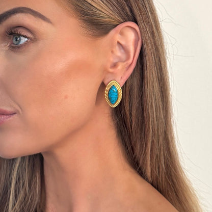 Oval Diamond Shape Blue Stone 18k Gold Earrings