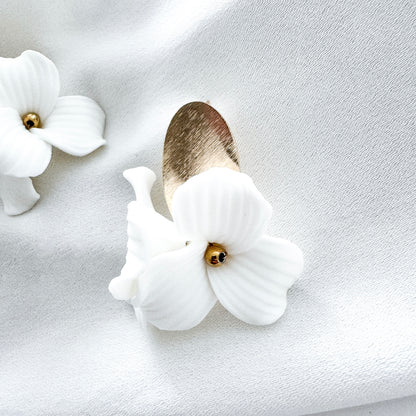 Dahlia Brushed Gold Oval Porcelain Flower Earrings