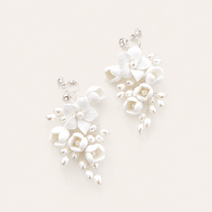 Porcelain Flower and Pearl Spray Drop Earrings