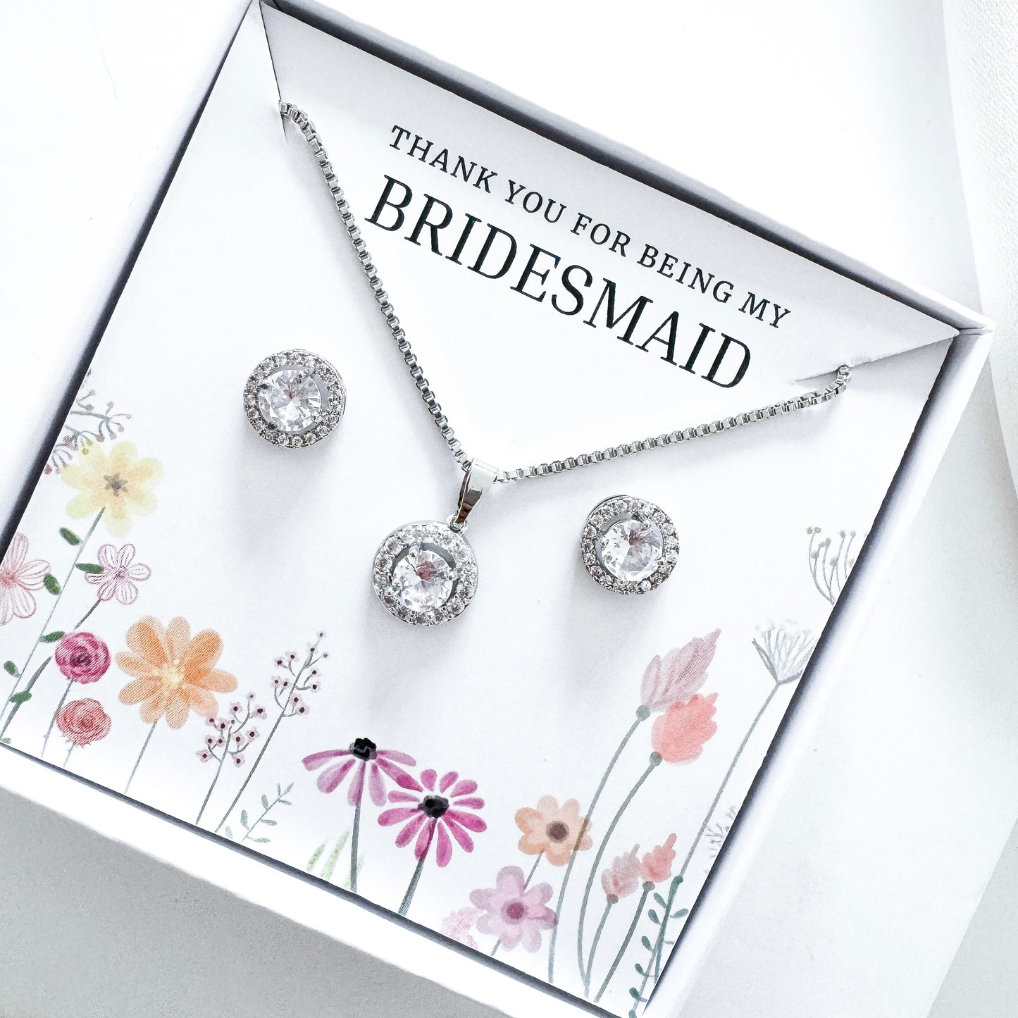 Bridesmaid Jewellery Gift Set – Round Cubic Zirconia Earrings & Necklace Thank You Gift Set