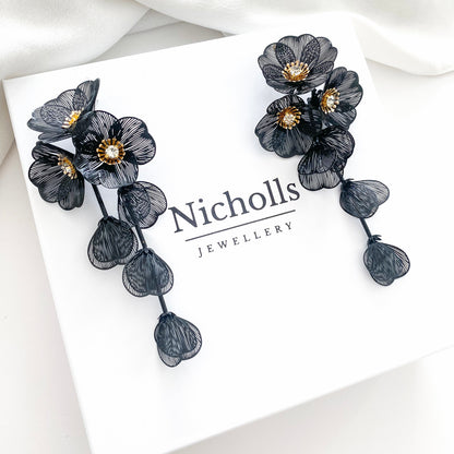 Waterfall Statement Black Flower Earrings