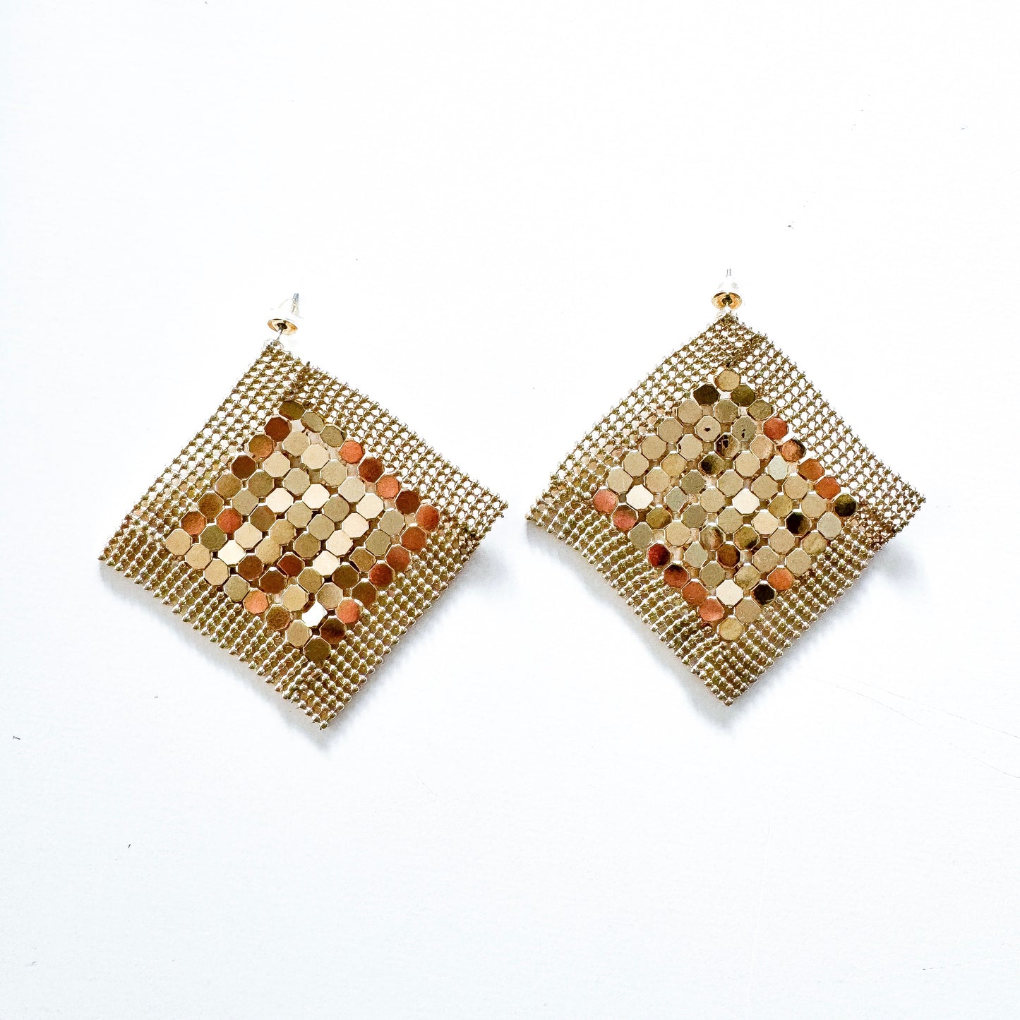 Gold Metal Sequin Square Diamond Sparkly Statement Earrings for Parties and Nights Out