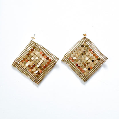 Gold Metal Sequin Square Diamond Sparkly Statement Earrings for Parties and Nights Out