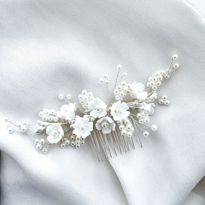 Wedding Bridal Hair Comb with Porcelain Flowers and Ball Pearls