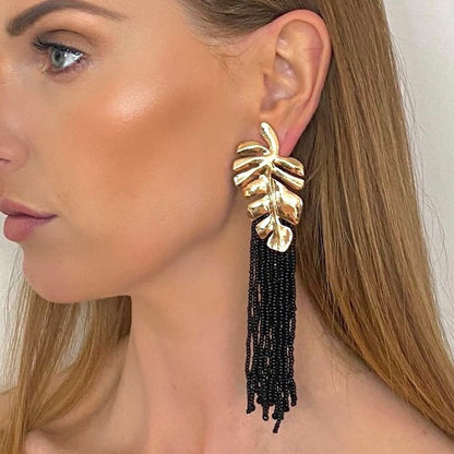 Gold Leaf and Black Tassel Earrings